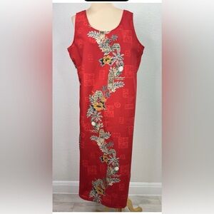 Vintage Hawaiian Original Red Hibiscus Tropical Floral Print Maxi Dress L XL